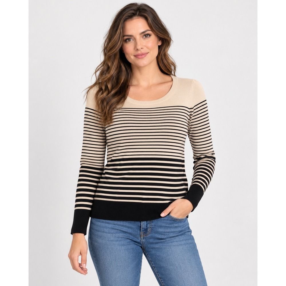 LOFT Womens XS Beige Black Striped Long Sleeve Crew Neck Knit Sweater NEW